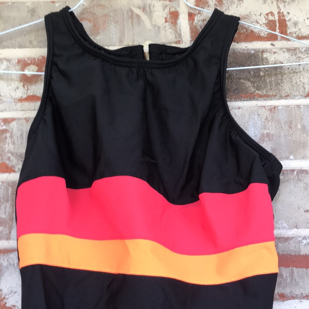 Land’s End Black Striped Tank One Piece Swim Suit - Picture 2 of 6